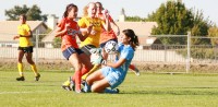 Sophomore forward Melissa Gomez kicks the ball into Delta College sophomore goalkeeper Erikka Diarte in the first half. Freshman forward Katie Ulan found the rebound for the Hawks' only goal in their 1-0 win on Oct. 28.
