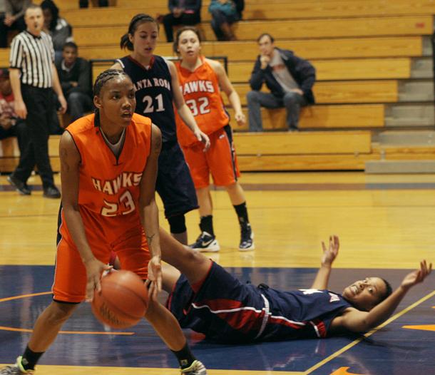 Sophomore guard Andraquay Quinnine moves up court, leaving a Santa Rosa defender on her back on Jan. 24. The Hawks won the game 60-59. 