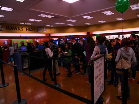 Students waiting in line for textbooks at the start of the spring 2012.