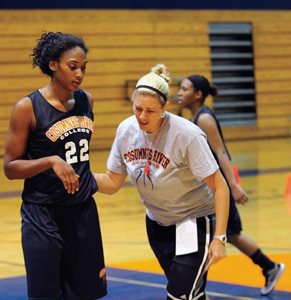 CRC head coach Coral Sage directs freshman forward Empres Barner in practice on Oct. 22.