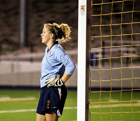 Cosumnes River College freshman goalkeeper Anna Brown looks on as her team battles Sierra College under the lights of CRC Stadium on Oct. 11. Brown, who had five saves in the 1-0 loss, led her team to the third round of the state playoffs.