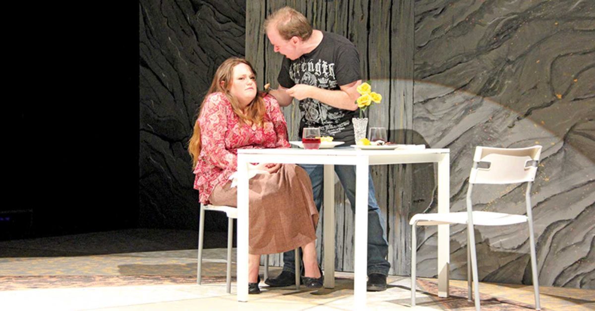 "Naked Lunch" - an abusive ex-boyfriend, Vernon (Stig Walker), forces his former girlfriend Lucy (Caitlin Hatfield) to eat a piece of steak after learning she is now a vegetarian. This scene was one of 10 in "Trepidation Nation," performed on Oct. 14. 