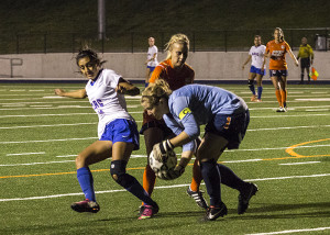 Freshman goal keeper Anna Brown saves a shot from American River on Nov. 13.