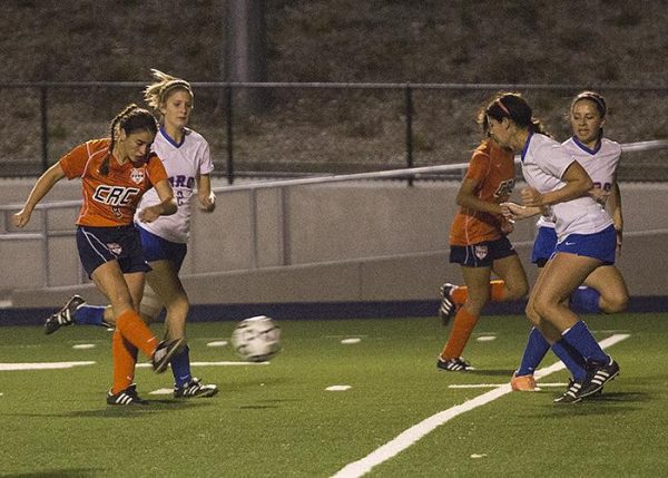 Sophomore forward Vilma Gonzalez shoots a goal in CRCs game against American River on Nov. 13.