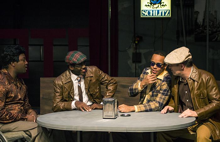 David Haskins, Alexander Stallings, Edward A. Woodward and Dante Scott Raposa portray the characters of Al, Gene, Jonesy and Ziggy, respectively, during a practice scene before the dress rehearsal of the play Side Man on Nov. 7.