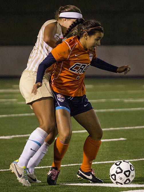 Cosumnes+River+College+Hawks+sophomore+forward+Alyssa+Hanks+battled+for+control+of+the+ball+against+a+San+Joaquin+Delta+College+defender+in+their+playoff+game+on+Nov.+23.+Hanks+scored+the+lone+goal+of+the+game.