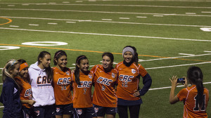 The Hawks' sophomores from the left, Kaylyn Toyama, Crystal Vega,  Ashley Briglia, Megan Gomez, Alyssa Hanks, Vilma Gonzalez, Becky Gallo, pose for a picture before their final regular season game at CRC.