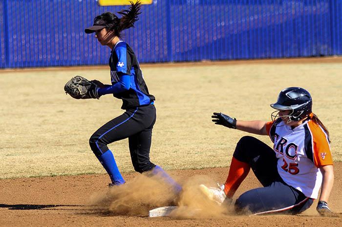 Then-freshman pitcher Jessica Venturelli slides safely on to second base in the Feb. 9 game against Solano College. Venturelli is one of the few players from the 2013 season expected to return for 2014.