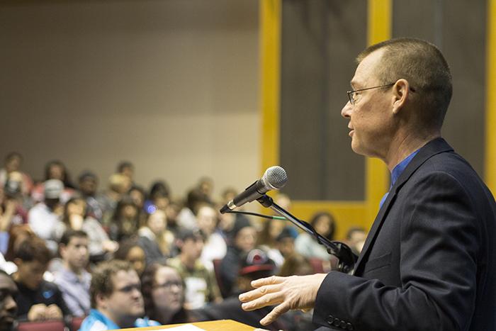 Philosophy Professor Richard Schubert speaks to an audience at the OneBook event, "The Educational Omnivore: The California College Student's Dilemma" on Feb. 05. In his presentation Schubert explained how students eating habits are molded by the collegiate lifestyle.