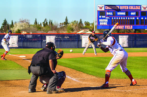 Sophomore outfielder Joshua Pigg gets walked by Sierra College freshman pitcher Wyatt DAlessio to load the bases in the bottom of the eighth on March 11.