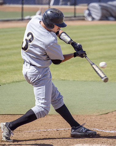 San Joaquin Delta College sophomore outfielder Phillip Clark stands at bat and pops out in the game at Cosumnes River College on April 22. The Hawks won the game 1-0, which tied them for first place in the Big 8 Conference.