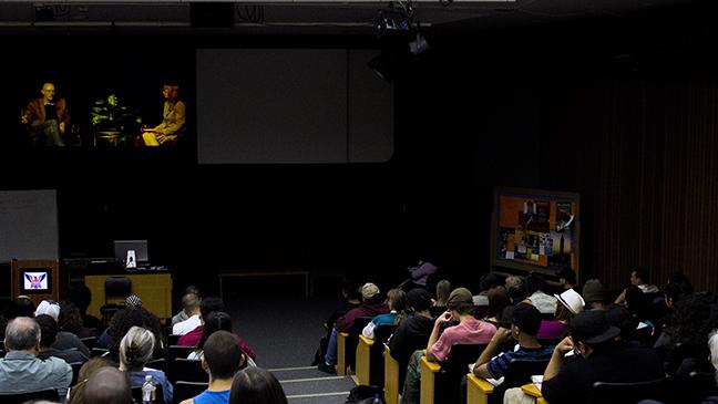 Students watch a live broadcast of author and Earth Day keynote speaker Michael Pollan's discussion moderated by Communication's Professor Georgine Hodgkinson in the Library Forum on April 24. The all-day Earth Day events topped-off a week long Earth Day celebration.