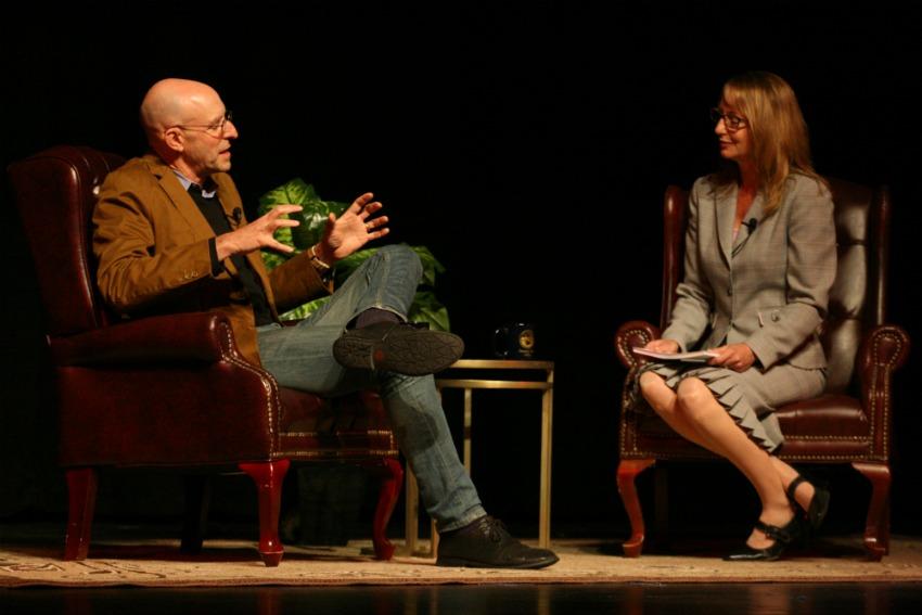 Author Michael Pollan and Communication Professor discuss Pollans book The Omnivores Dilemma and food in general during the keynote event for Cosumnes River Colleges Earth Day Celebration on April 24.