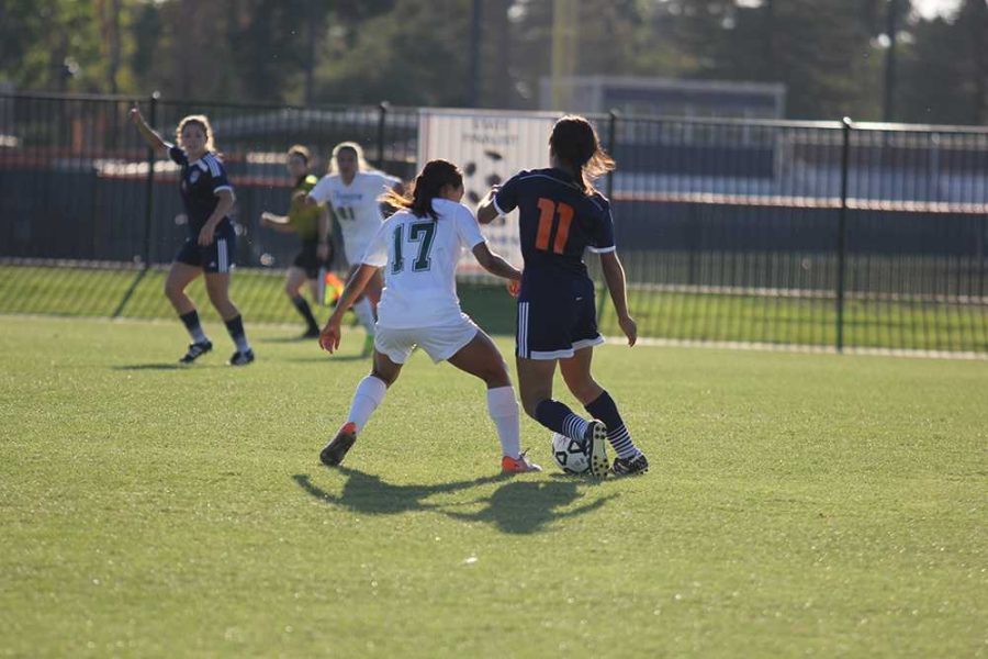 CRC sophomore forward Selina Barbosa and Evergreen Valley College sophomore Graciela Belmontes battle for control of the ball.