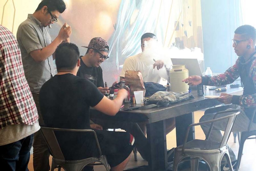 Daily customers (from left to right) Alex Berania, Christopher Vo, Matthew Calagui, Edward Keamany, Alex Blair hang out and vape at the Vapebox. Located in the College Square shopping centre at Bruceville Road, adjacent to Cosumnes River College, the Vapebox has been open for a year.