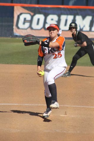 Sophomore pitcher Amanda Horbasch winds up to unleash a pitch against the Butte College Roadrunners in game one of their doubleheader match on Feb. 27.