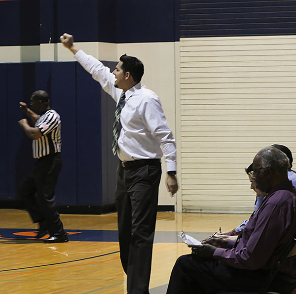 Men's basketball head coach James Giacomazzi at the team's playoff game against Butte College on Feb. 27.