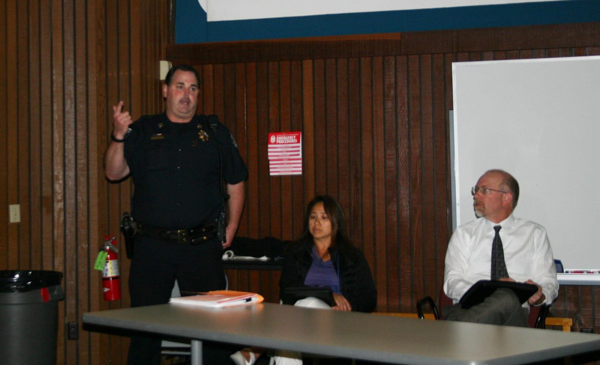 Cosumnes River College faculty, staff and Los Rios Police officials discuss recent crimes on campus on Nov. 12.