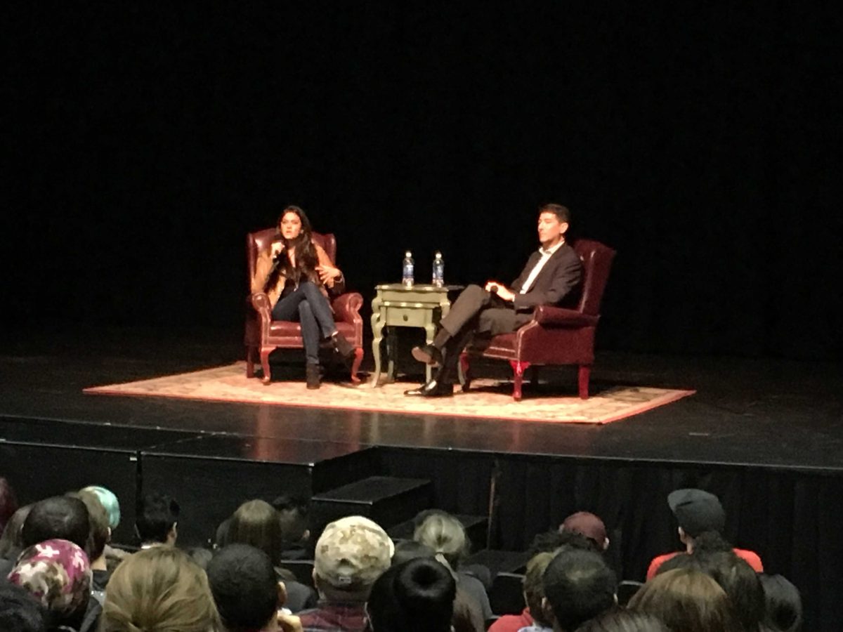 Diana Elizabeth Torres, left, sits with political science professor Martin Morales to answer questions students had about the film East Side Sushi. Torres plays the lead role in the film as Juana, a Latina  who becomes a sushi chef.