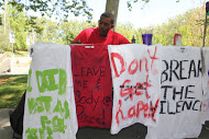 53-year-old business major Al Bacon designs t-shirts with messages about sexual assault on April 12.