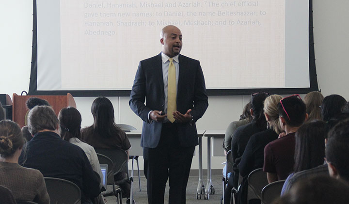 President Edward Bush speaks to attendees Monday as part of the CASSL lecture series. Dr. Bush shares his own leadership model, based on the biblical book of Daniel.