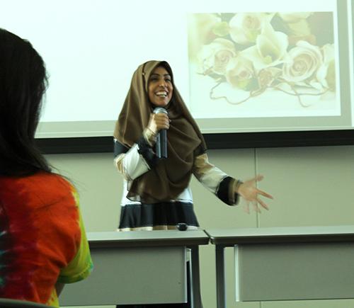 Author, speaker and lifestyle coach Zohra Sarwari speaks to students about American perceptions of Muslim women on Monday.