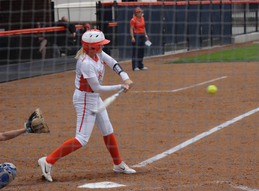 Sophomore left fielder Lindsay Lambert hits in a close game against Modesto College