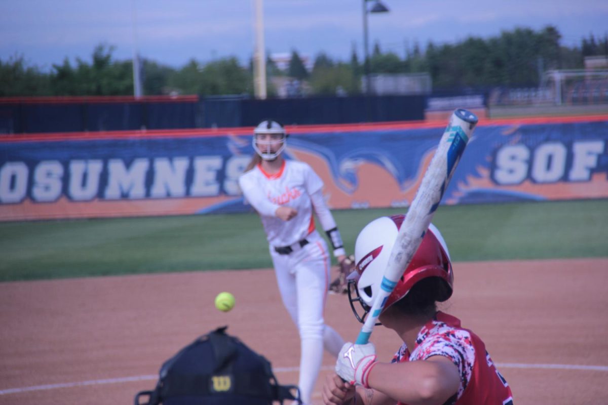 Freshman pitcher Brittany Baroni hurls a pitch to a Santa Rosa Junior College hitter on April 25.