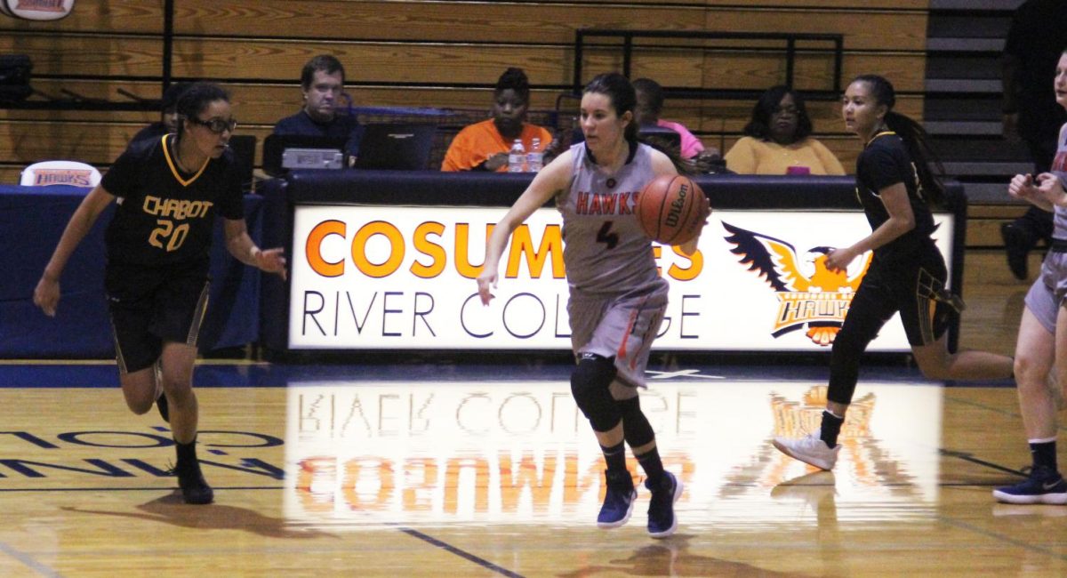 Freshman guard Brookelyn Larkin drives down the court in the Hawks loss to the Chabot Gladiators on Tuesday.