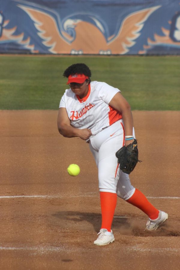 Freshman pitcher Gabrielle Montaie on the mound in a win against Sac City on Feb. 24.