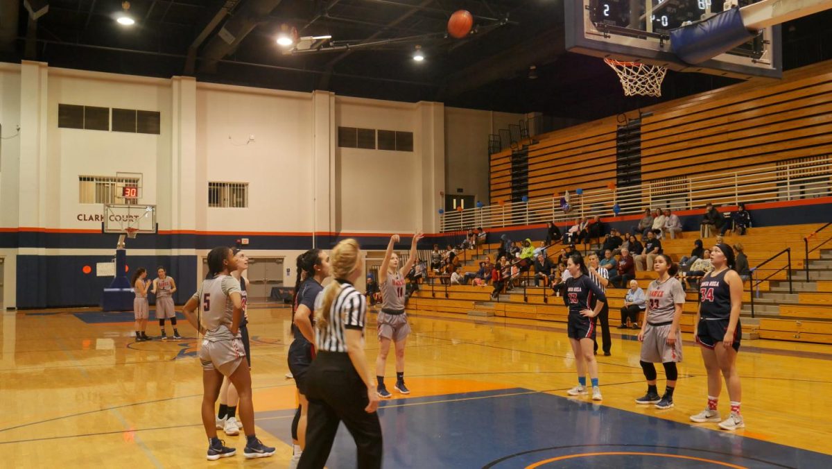 Sophomore guard Trina Shaner at the free throw line in a loss against Santa Rosa Junior College Feb. 9