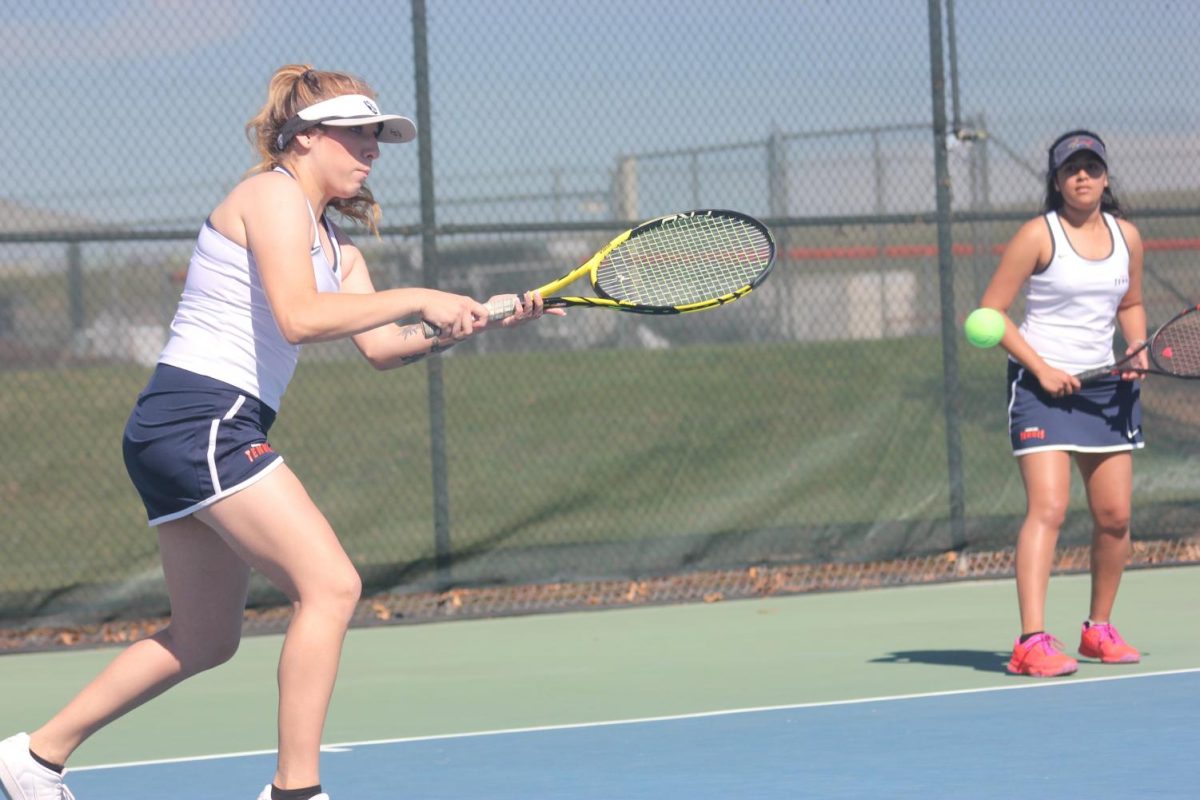 Angela Hartado, left, and Salma Prasad in a match versus College of the Sequoias on March 6. The young freshman team lost 8-1.