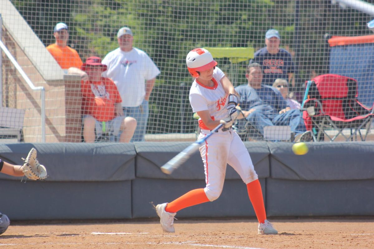 Freshman first-baseman/middle infielder Ashlee Kaiser hits a double to midfield in the CCCAA NorCal Regionals of game one against the Tigers of Reedley College on May 4. 