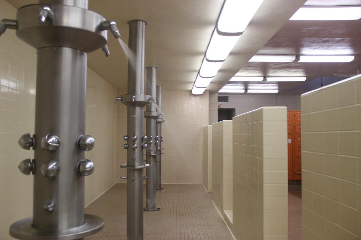 The showers in the mens locker room in the Physical Education building are available to students who are unsheltered. An estimated 13 to 14 percent of community college students are homeless.