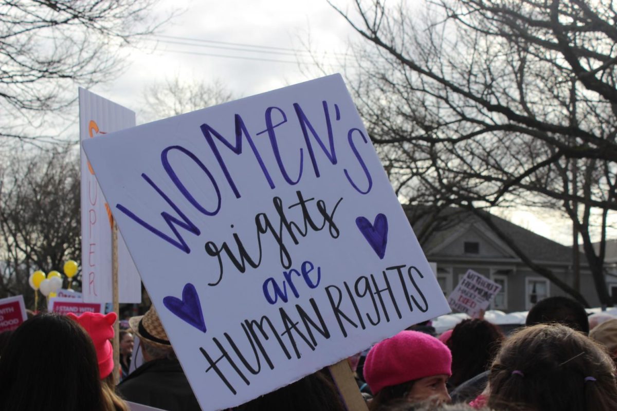 A+sign+that+reads+Womens+rights+are+human+rights+is+held+up+during+the+march+to+the+State+Capitol.+The+Womens+March+took+place+from+10+a.m.+to+3+p.m.+and+started+from+Southside+Park.++