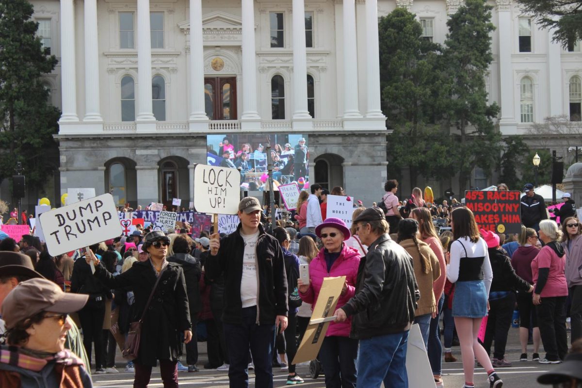 People hold signs up saying Dump Trump and Lock him up! as speakers take the podium at the State Capitol. Aside from speeches, there was music and live performances that took place at the Capitol, as well.