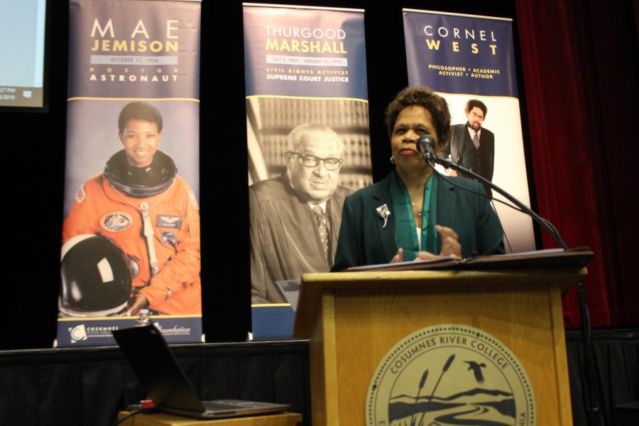 Dr. Melvina Jones presents her familys story of migration during the opening ceremony of Black History Month on Feb. 6. 