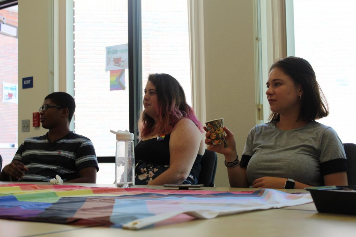 Students gathered in the Library Conference Room for the Pride Tea Hour.