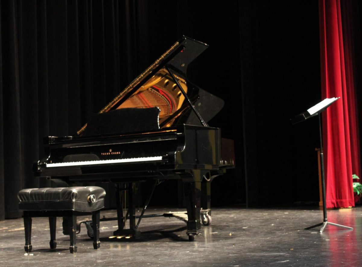 The Black Box Theatre stage was set up for the Guest Artist Series with a grand piano for pianist, Anyssa Neumann and a podium stand for soprano, Rena Harms.