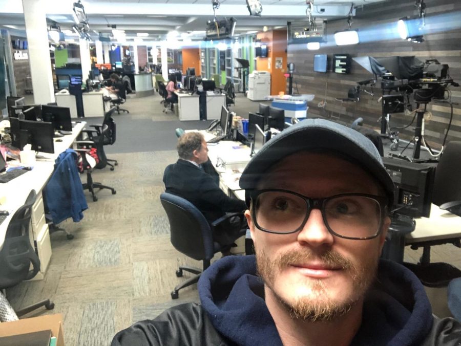 Student reporter Mason White, captures what the newsroom looks like during this pandemic on April 6. White shows that they are practicing social distancing while working. 