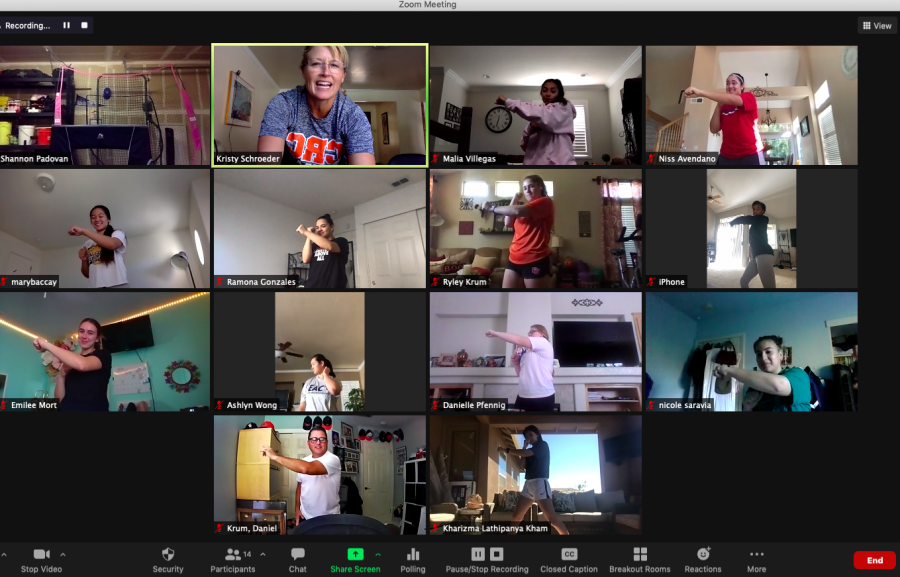 CRC Hawks Softball Coach Kristy Schroeder (outlined in green) hosted her weekly virtual conditioning class on Oct. 21. The team has been engaging in workouts via Zoom throughout the fall semester, with hopes of playing in the spring.