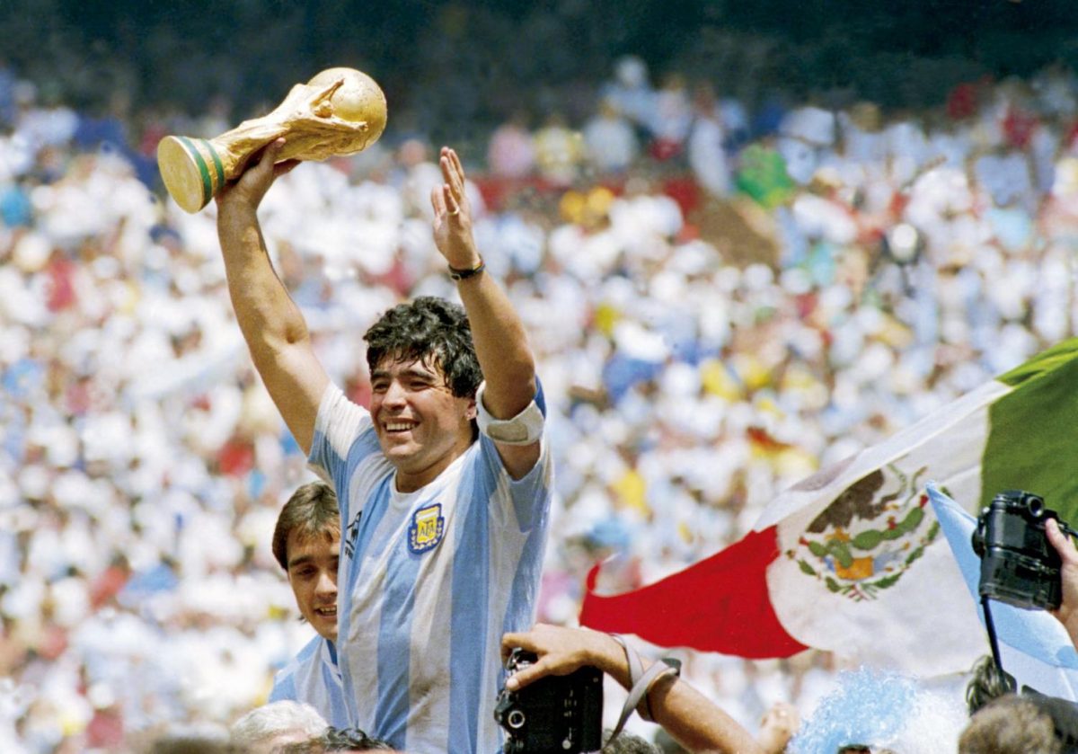Diego Armando Maradona lifting the World Cup trophy at the 1986 edition of the tournament in Mexico at the iconic Aztec Stadium. Argentina defeated what was still West Germany at the time, with a score of 3-2 to win the second World Cup in Argentinas history.