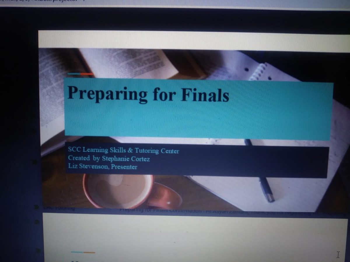 Learning Services Coordinator Liz Stevenon’s powerpoint presentation on preparing students for their finals. Stevenson talks about different strategies that students can use as a guide as they prepare to study.