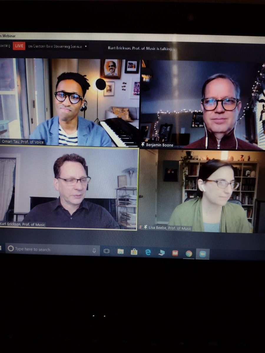 CRC Music Professors Omari Tau, Lisa Beebe and Kurt Erickson with Fresno State Universitys Music Professor and Saxophonist Benjamin Boone. Boone discussed his work of jazz music and collaborations with other poets he worked with.