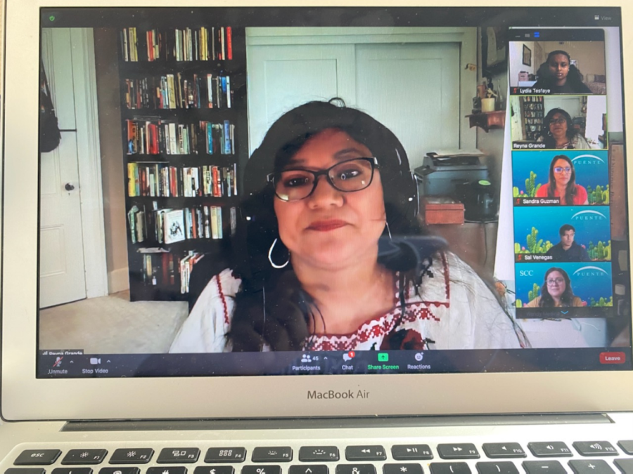 Guest speaker and author Reyna Grande with the attendees through Zoom on April 22. Grande talks about her books called, The Distance Between Us and A Dream Called Home, which are about her journey and being an immigrant from Mexico.