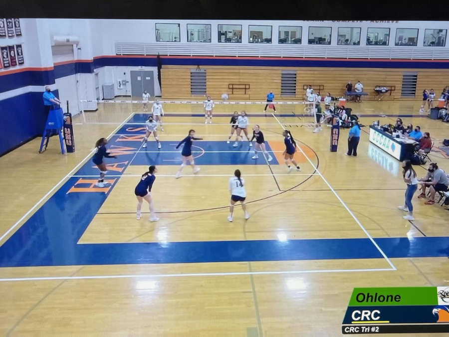 The Cosumnes River College womens volleyball team plays against Ohlone College on Sept. 15. The Hawks won in three sets, with each of them being 25-16, 25-22 and 27-25.