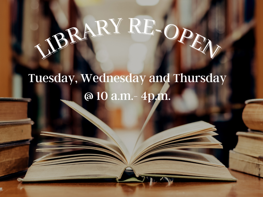 The+CRC+library+will+be+open+part+time+this+fall+semester+on+Tuesday%2C+Wednesday+and+Thursday+from+10+a.m.+to+4+p.m.+The+library+will+continue+to+have+online+services+as+well+as+on-ground+services.