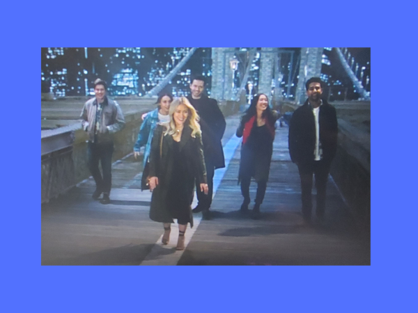 Sophie and her group of friends walk across the Brooklyn bridge. 