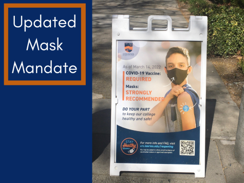 A sign posted by CRC detailing the COVID vaccine requirement and the updated mask policy. The new policy makes masks strongly recommended instead of required on campus.