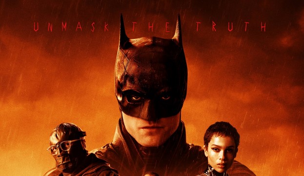 Robert Pattinson, Paul Dano and Zoë Kravitz as Batman, the Riddler and Catwoman in "The Batman" movie poster. "The Batman" released on March 4.